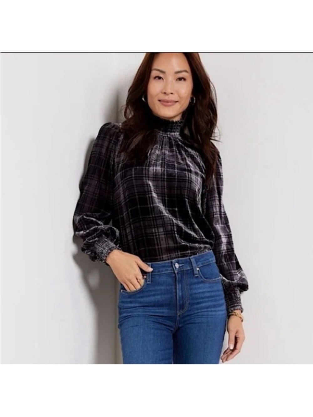 Evereve | Maren Mock Neck Velvet Plaid Blouse | in Black/Grey | NWT | Size Small